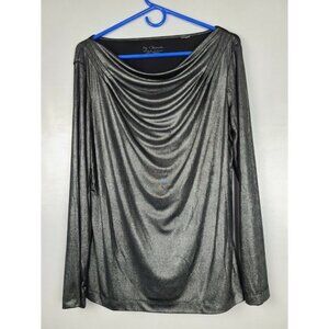 CHICO'S Top Gray Metallic Dip Neck Long Sleeve M